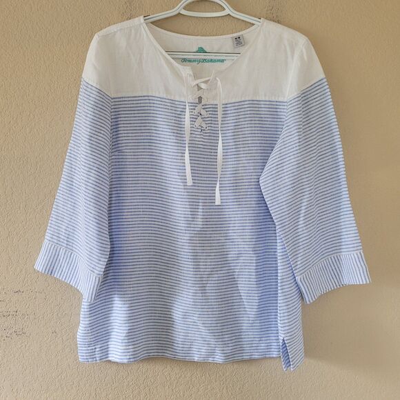 Tommy Bahama 100% Linen Top Womens Medium White Blue Crystalline Waters Lace-Up - Picture 1 of 7